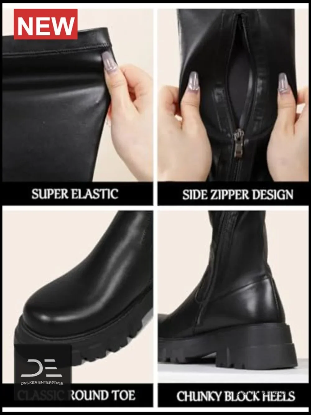 Over the Knee Boots Platform Block Heel Side Zip Stretch PU Leather